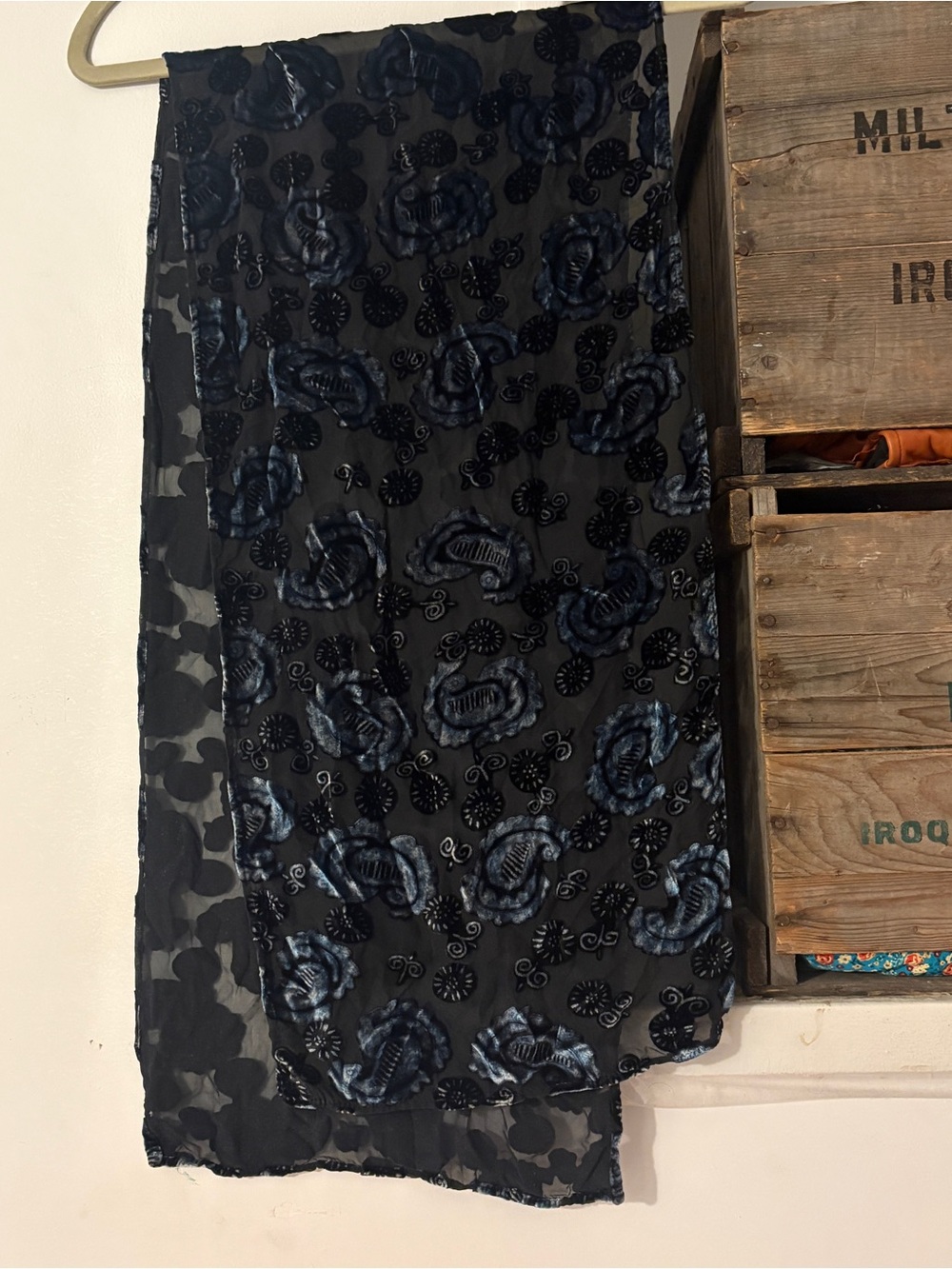Black and Light Blue Floral Burnout Velvet Long Rectangle Scarf